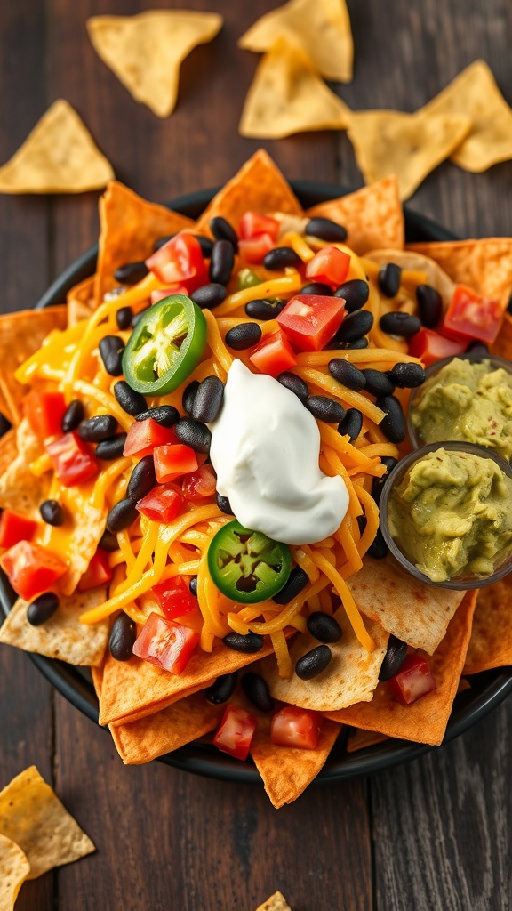 A colorful plate of cheesy nachos topped with beans, tomatoes, and jalapeños, served with sour cream and guacamole.